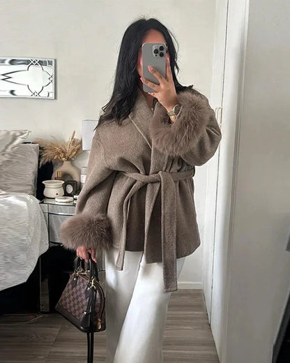 Luxury Wool Wrap Coat | Faux Fur Cuff Detail Nexo