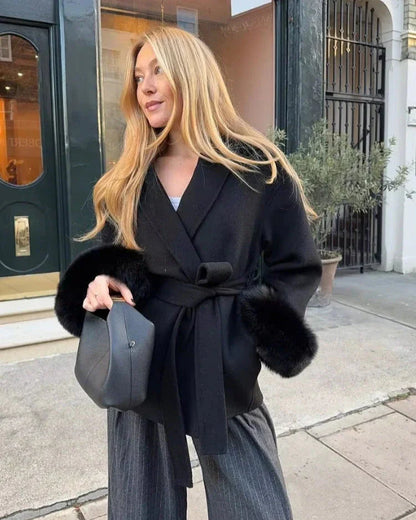 Luxury Wool Wrap Coat | Faux Fur Cuff Detail Nexo