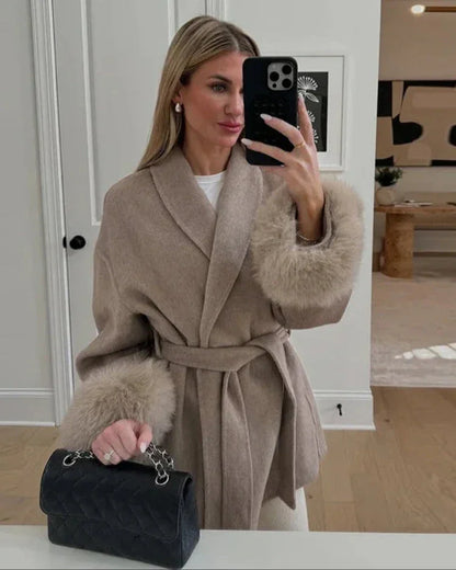 Luxury Wool Wrap Coat | Faux Fur Cuff Detail Nexo