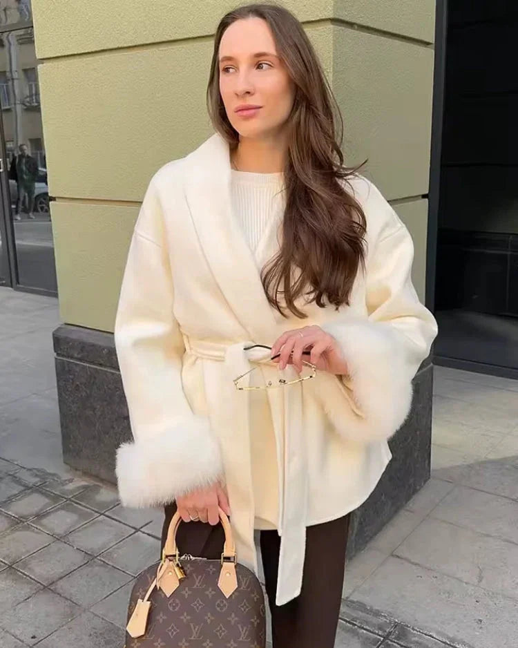 Luxury Wool Wrap Coat | Faux Fur Cuff Detail Nexo