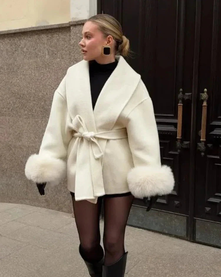 Luxury Wool Wrap Coat | Faux Fur Cuff Detail Nexo