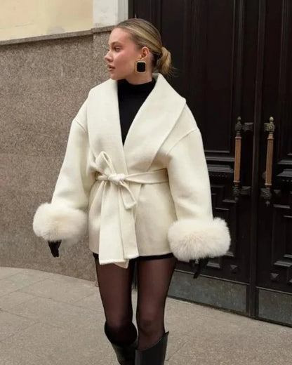 Luxury Wool Wrap Coat | Faux Fur Cuff Detail Nexo