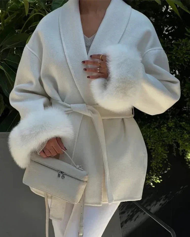 Luxury Wool Wrap Coat | Faux Fur Cuff Detail Nexo