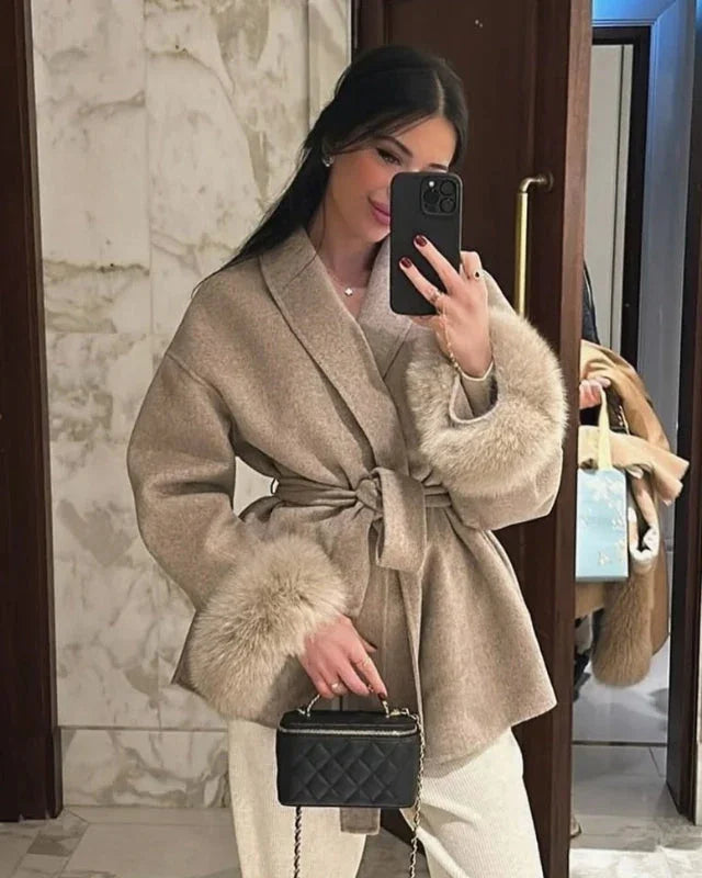 Luxury Wool Wrap Coat | Faux Fur Cuff Detail Nexo