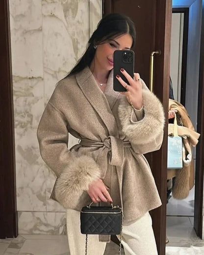 Luxury Wool Wrap Coat | Faux Fur Cuff Detail Nexo